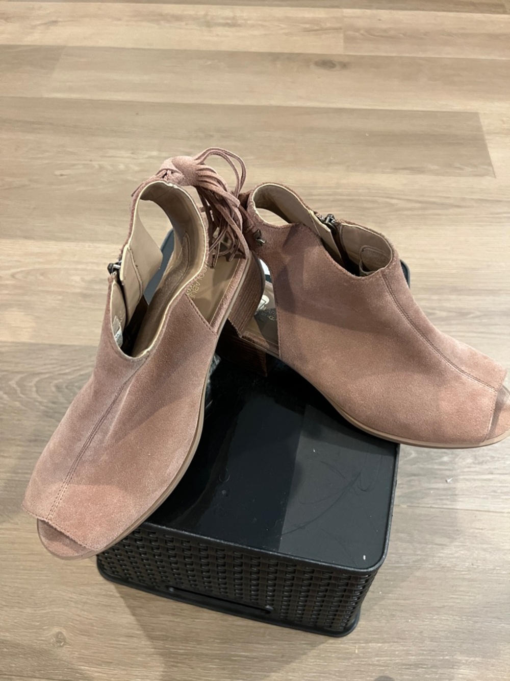 Koolaburra Tan Suede Open-Toe Mule Booties. Zipper side